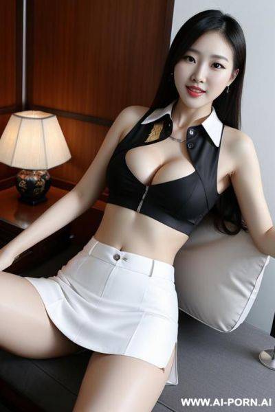 Sext chinese woman, golf skirt, spreading legs open, cleavage, crop top. hot, teasing - ai-porn.ai - China on pornsimulated.com