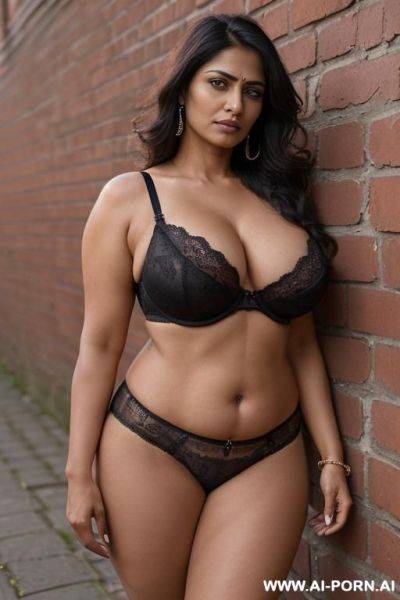 ((sexy, hot, attractive milf, indian)) ((realistic milf, mature woman, gothic woman)) ((sexy standing position, direct eye contact, indifferent look,)) (wide hips, massive thighs) (shows hairy pussy) - ai-porn.ai - India on pornsimulated.com