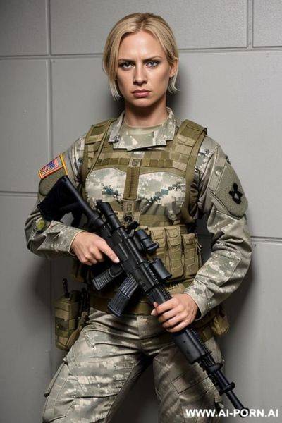 Short haired military woman without a weapon in a military base bedroom - ai-porn.ai on pornsimulated.com