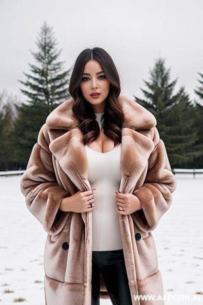 A gorgeous woman covered in els wearing a luxurious rich fluffy luxurious oversized fur coat in the snow, seductive - ai-porn.ai on pornsimulated.com