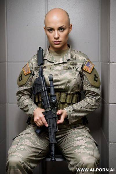 Short haircut partially naked military slut body in sweat jail bed - ai-porn.ai on pornsimulated.com