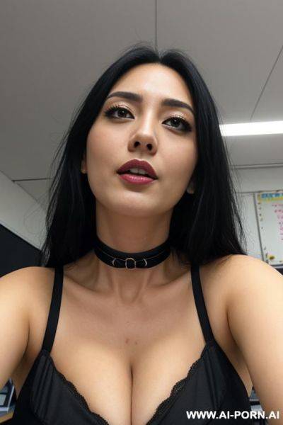 Woman, down blouse, tits out classroom, low angle shot, choker on neck - ai-porn.ai on pornsimulated.com