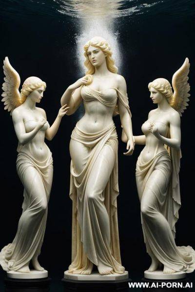 A majestic, goddess-like figure lifting four dark cherubic evoking themes of mythology and divine motherhood. the woman stands short and tired, d in flowing, grecian-style robes, and her expression - ai-porn.ai on pornsimulated.com