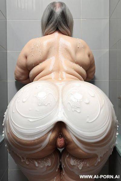 Woman, ((chinese)), (old), (chubby), long gray hair, (back to camera), in shower, massive ass, ((cock in ass)), (white goo dripping off ass) - ai-porn.ai - China on pornsimulated.com