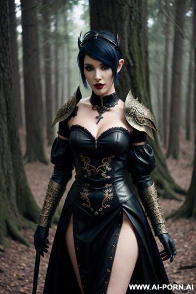 Vampire, forest, leather ornate armor, dress, pixie hair - ai-porn.ai on pornsimulated.com