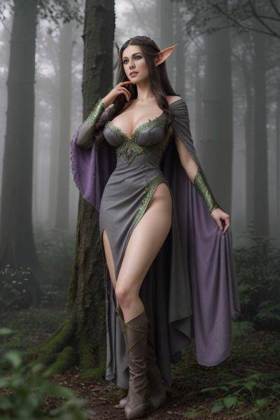 1 (beautiful elven queen), (brunette), (high cheekbones), (pointed chin), ( elven ears), (light purple high fantasy style dress), (full body shot), (photorealistic), 2 (grey fog), (green forest), (lewd) - ai-porn.ai on pornsimulated.com