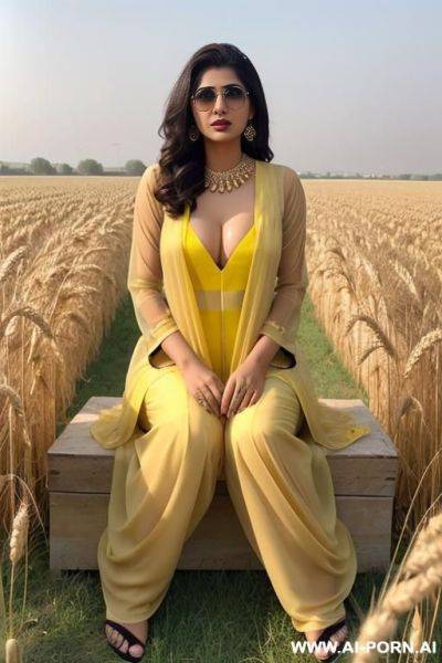 A pakistani woman in pakistani shal kameez showing her nude private parts openly sitting in wheat field sunglasses perfect body perfect pussy touching perfect front open legs yellow - ai-porn.ai - Pakistan on pornsimulated.com