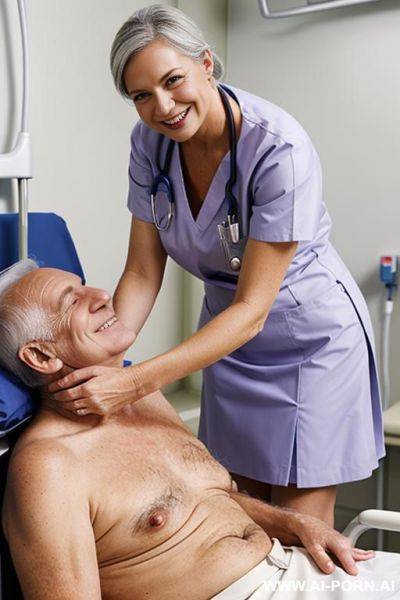 Hospital, topless, nurse skirt, caressing a grandfather - ai-porn.ai on pornsimulated.com