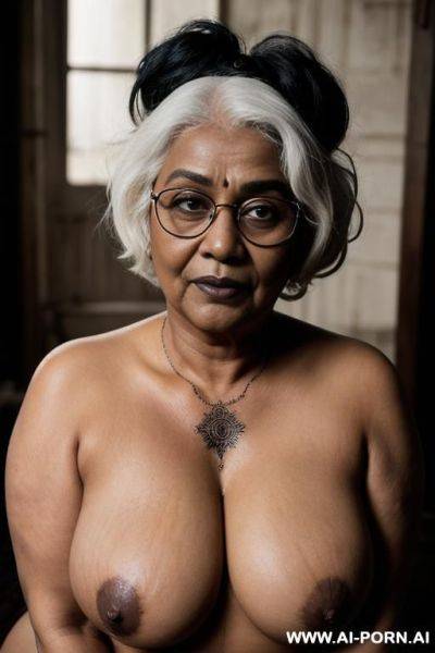 Chubby voluptuous granny of 0 years old, wrinkly skin, saggy boobs, body tattoo, black lipstick, mascara, white hair, dark skin, naked - ai-porn.ai on pornsimulated.com