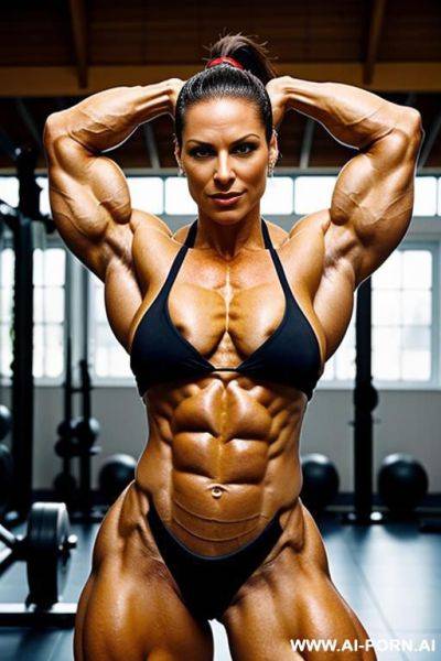 Nude 30 years old brunette female bodybuilder with ponytail flexing her muscles in a gym. - ai-porn.ai on pornsimulated.com