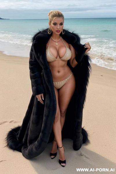 A gorgeous woman in a military outfit opened to reveal her cleavage, diamond necklace, and a luxurious rich fluffy luxurious oversized huge fur coat, stilettos, on the beach - ai-porn.ai on pornsimulated.com