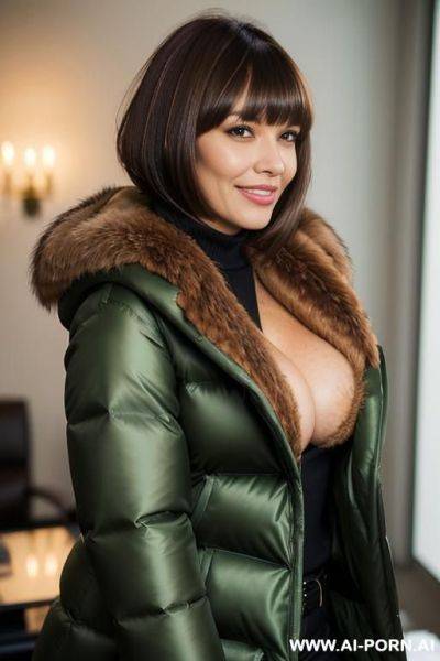 Brunette secretary wearing gigantic green puffer coat with brown fur hood - ai-porn.ai on pornsimulated.com