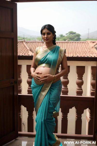 Seductive, sexy, pregnant, indian, milf, wearing sari, hijab, transparent, visible boobs, brown nipples, saggy tits, thick body, beautiful, ponytail, braided, tanned, oiled, wet, drenched in cum, full - ai-porn.ai - India on pornsimulated.com