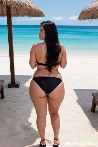 White bbw milf, very white skin, black hair, big ass, wearing a bikini and flip flops, standing up, backview - ai-porn.ai on pornsimulated.com