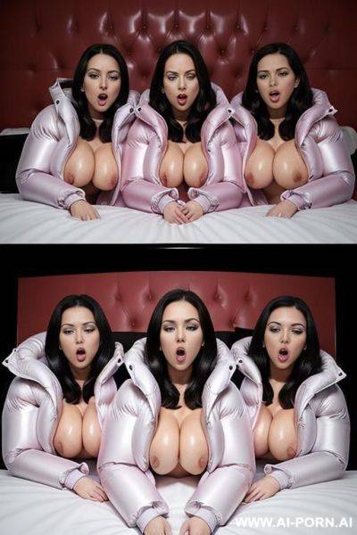 ((three women lying in bed having sex wearing gigantic puffer jackets)), (lots of cum:1.2), (covered in cum:1.2) - ai-porn.ai on pornsimulated.com