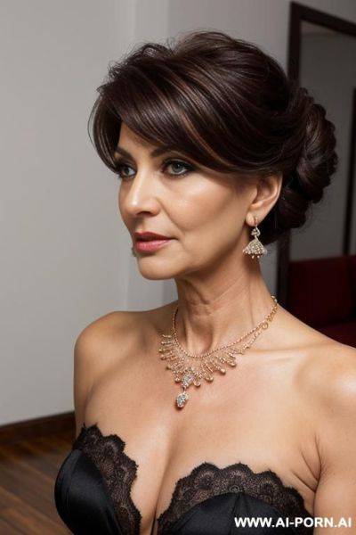 Absolute beauty matured milf, elegant lady, ((updo haircut))) (((hairy pussy))) (strong dark eyeliner) earrings, necklace, - ai-porn.ai on pornsimulated.com