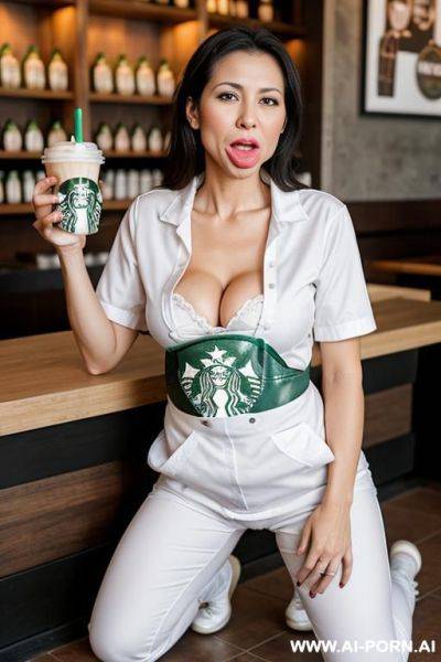 Starbucks 1 jears old woman on knees full with milk in the moht mouth open in a starbucks worker outfit but only under the vagina - ai-porn.ai on pornsimulated.com