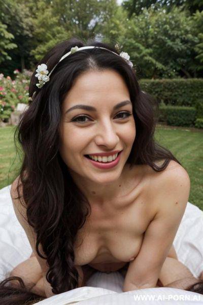 Beautiful fifty years old, hairband, orgy, fucking, extremely hairy pussy, very long curly black hair, flower garden, group orgy, fucking, big nose, seductive, sexy pose, big white cotton long dress, - ai-porn.ai on pornsimulated.com