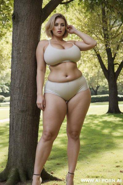 Very beautiful soft face, huge tits, runner in the park, standing against a tree, enormous tits spilling out of sports bra, dirty blonde short hair, voluptuous, strong, big hips, big ass, big tits, milf, - ai-porn.ai on pornsimulated.com