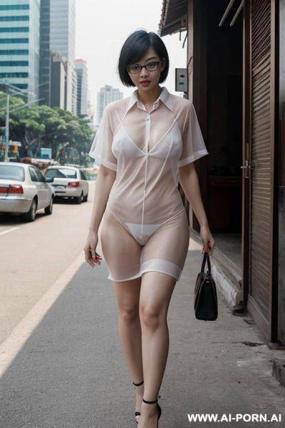 Chinese woman, big breasts, short bob hair, glasses, naked, showing nipples, naked, showing pussy, showing pussy, see-through shirt, high heels, on the street, in the city, thailand - ai-porn.ai - China on pornsimulated.com