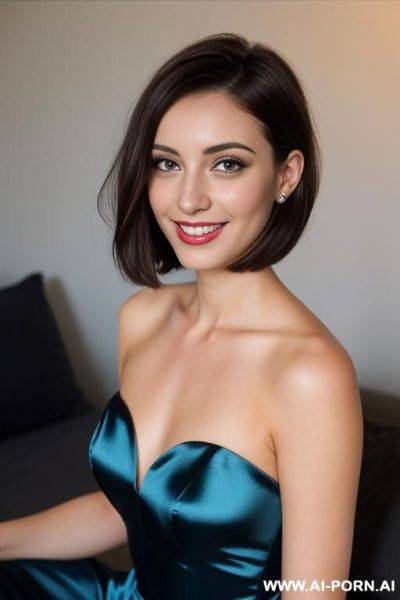 Bruntte cut hair, smiling, very beautiful face, wearing a blue satin dress - ai-porn.ai on pornsimulated.com