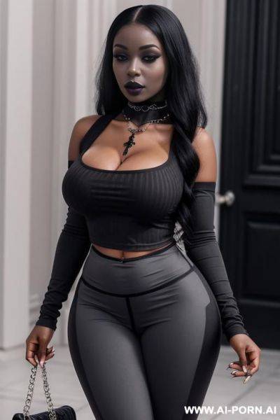 Chocker necklace, pullover on top, grey leggings on bot, (((gothic))) - ai-porn.ai on pornsimulated.com