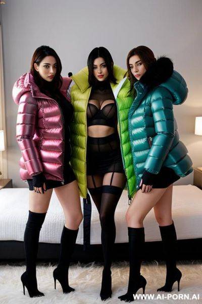 Three women in bed having sex wearing gigantic puffer jackets - ai-porn.ai on pornsimulated.com