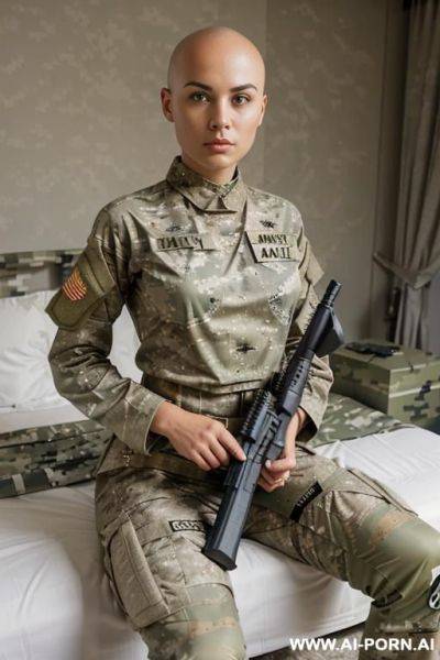 Short haired military woman chilling on bed - ai-porn.ai on pornsimulated.com