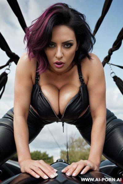 Latina milf with huge tits wearing a black biker leather jacket getting fucked - ai-porn.ai on pornsimulated.com