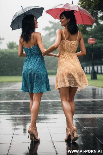 2 womans dancing in the rain wearing sun dresses - ai-porn.ai on pornsimulated.com