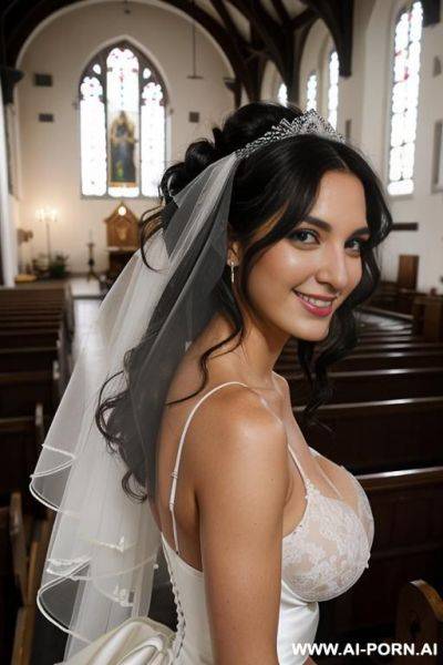Full view, shoulder-length black hair, curls, white high heels, wedding dress, visible panties, in the middle of a church full of people, veil, - ai-porn.ai on pornsimulated.com
