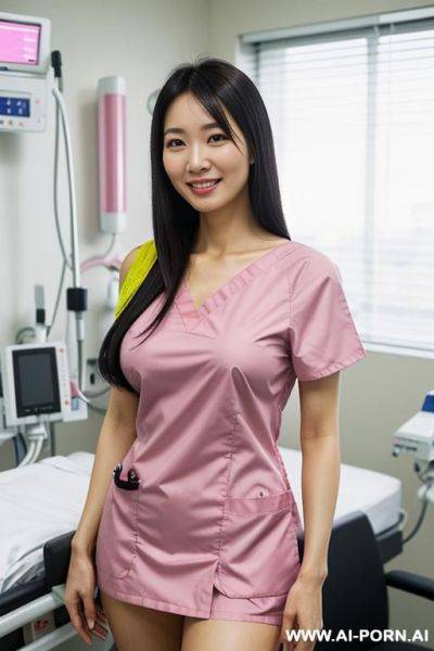 (pink medical scrubs);(place: state of the art hospital);( pert tits); (east asian); (straight, shoulder-length hair) - ai-porn.ai on pornsimulated.com