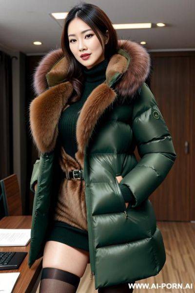 Secretary wearing gigantic green puffer coat with brown fur hood, vaginal insertion - ai-porn.ai on pornsimulated.com