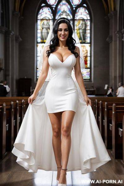 Full view, black hair, curls, white high heels, white dress, wedding dress, you can see panties, white high heels, in the middle of a church full of people, veil, - ai-porn.ai on pornsimulated.com