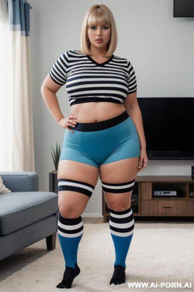 Chubby woman, full body, standing, blonde hair with bangs, triangle hips, thick thighs, wearing a football shirt with 3 black stripes in the center, wearing long striped socks, wearing blue - ai-porn.ai on pornsimulated.com