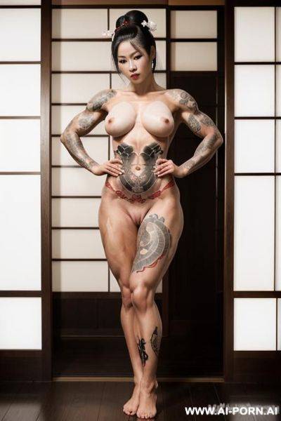 A (((nude))), (((sinewy))), (((extremely muscular))), ((huge)), (((asian))), ((geisha)) woman. ((wide hips)). ((huge muscular thighs)). ((big muscular shoulders)). ((japanese tattoos)). traditional japanese. ((white skin)). ((full body)). (posing). - ai-porn.ai - Japan on pornsimulated.com