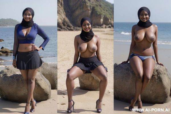 ((dark skin indian woman with hijab)), (((full body view)), ((seductive smile)), stockings, under the sun, outside on the beach, near see, high heel, feets in water, sitting on a rock, spreading - ai-porn.ai - India on pornsimulated.com