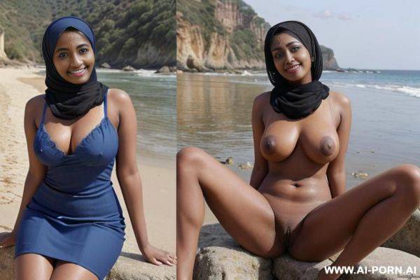 ((dark skin indian woman with hijab)), (((full body view)), ((seductive smile, re lipstick, blue eyes makeup)), stockings, under the sun, outside on the beach, near see, high heel, stockings, feets - ai-porn.ai - India on pornsimulated.com