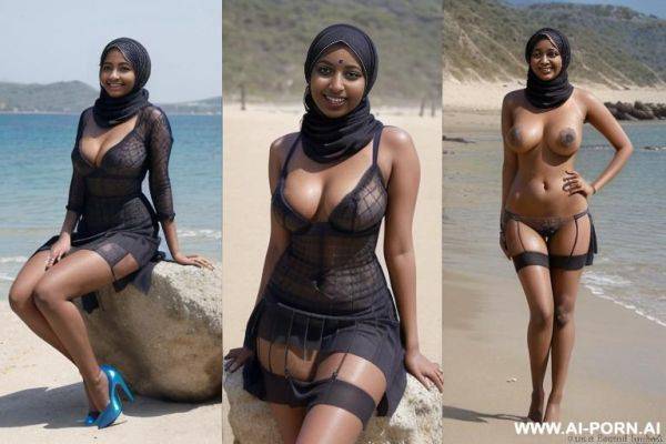 ((dark skin indian woman with hijab)), (((full body view)), ((seductive smile)), stockings, under the sun, outside on the beach, near see, high heel, stockings, feets in water, sitting on a rock, - ai-porn.ai - India on pornsimulated.com