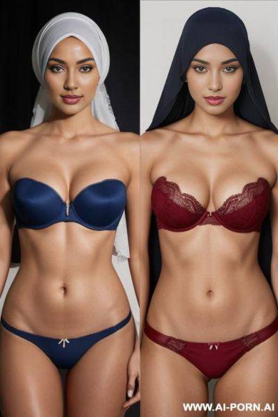Medium full shot, alluring thighs, big boobs, brazilian, hijab, bandeau bra as top, i want two left and right photos, with same woman, , the left photo is with red bandeau lingerie and - ai-porn.ai - Brazil on pornsimulated.com