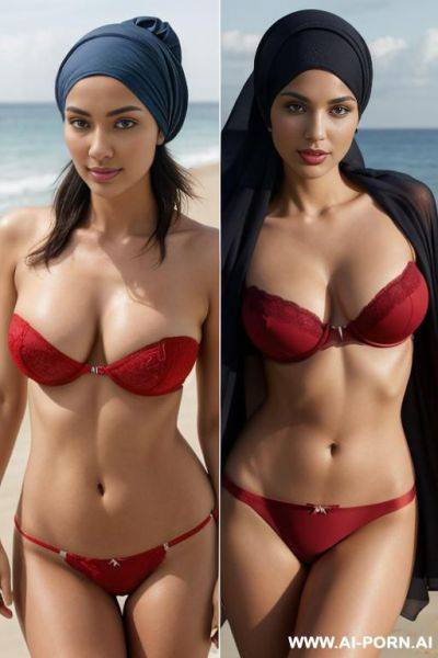 Full shot, alluring thighs, big boobs, brazilian, hijab, bandeau bra as top, outside, near see, on beach, feets in water, i want two left and right photos, with same woman, , the left photo - ai-porn.ai - Brazil on pornsimulated.com