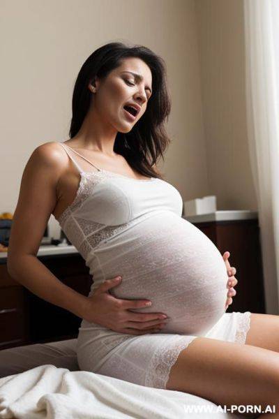 Woman, pregnant, view from front, giving birth, in pain - ai-porn.ai on pornsimulated.com