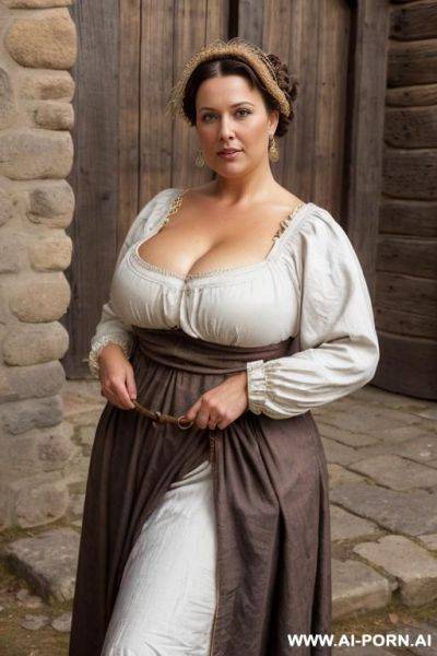 Beautiful scandinavian woman, large saggy breasts, medieval dress, dark brown hair, big dark brown eyes, chubby body, beautiful chubby milf, standing, - ai-porn.ai on pornsimulated.com