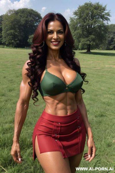Indian, fit, abs, bulked up huge, muscular arms, big ass, tall, long legs, navel piercing, red bra, red pleat skirt, looking at camera, full body, stiletto, green field - ai-porn.ai - India on pornsimulated.com