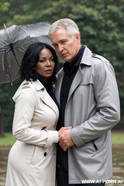 Ebony mature woman, nude, standing in park, hugged by white man wearing trenchcoat - ai-porn.ai on pornsimulated.com
