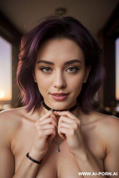 ((topless)), ((perfect breasts)), (detailed nippled), (pretty face), (wide hips), (inviting seductive smile), (light tan), (choker), (belly button ring), (hip chain) - ai-porn.ai on pornsimulated.com