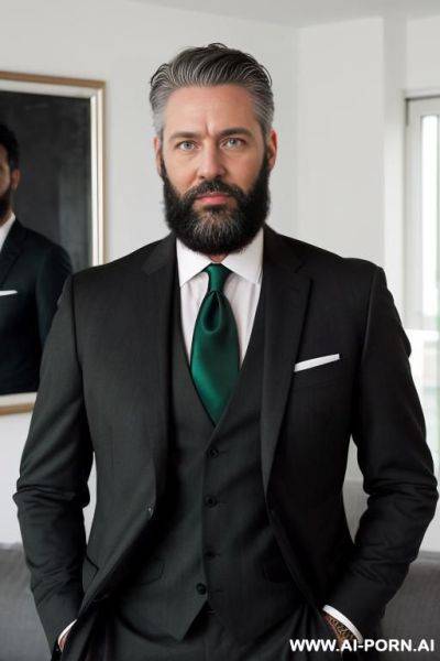 Hot mature man, standing in living room, black hair, well trimed beard, green eyes, wearing black suit and tie, ((keep face)), - ai-porn.ai on pornsimulated.com