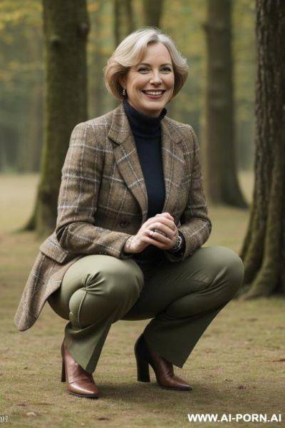 British lady 4 in wildernes, tweedjacket, pants, squatting, side-view - ai-porn.ai - Britain on pornsimulated.com
