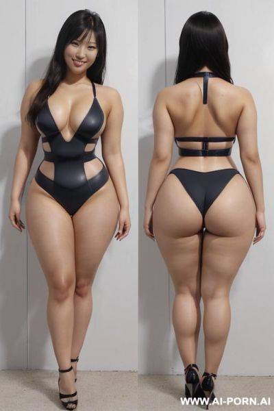 (((wide thighs))), (((thick thighs))), very micro swimsuit, high-cut leotard, (((cut above the waist))), (((high cut to the limit))), (((high-cut))), (((very-high-cut))), (((ultra-high-cut))), shoes, full shot view - ai-porn.ai on pornsimulated.com