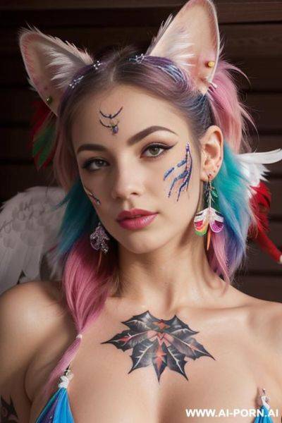 Face, sexy, beautiful, ((face painting)), ((bikini as seashell)), ((tattoo roses)), ((eyes shw)), ((angel wings)), ((rainbow hair)), ((long bu hair)), ((wind)), (( cat face)), (( cat ears)), (((feather - ai-porn.ai on pornsimulated.com